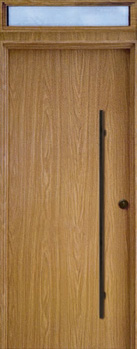 Puerta de seguridad modelo Liso acabado roble con fijo superior sin barrotes.