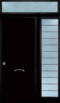 Puerta de seguridad modelo Liso acabado negro con fijo lateral derecho de barrotes acero inoxidable, y fijo superior sin barrotes.
