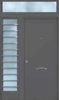Puerta de seguridad modelo Liso acabado grid con fijo lateral izquierdo de barrotes acero inoxidable, y fijo superior sin barrotes.