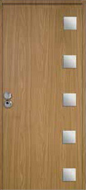 Puerta de seguridad con incrustaciones de acero inoxidable modelo Aries acabado roble.