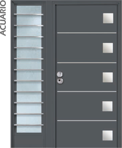 Puerta de seguridad con incrustaciones de acero inoxidable modelo Acuario acabado gris con fijo lateral izquierdo, de barrotes acero inoxidable.
