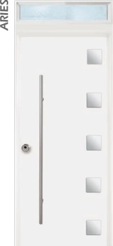 Puerta de seguridad con incrustaciones de acero inoxidable modelo Acuario acabado blanco con fijo superior ciego.