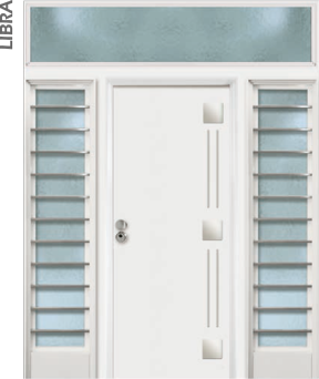 Puerta de seguridad con incrustaciones de acero inoxidable modelo Libra acabado blanco con fijo lateral a ambos lados de barrotes acero inoxidable, y fijo superior sin barrotes.