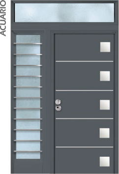 Puerta de seguridad con incrustaciones de acero inoxidable modelo Acuario acabado gris con fijo lateral izquierdo de barrotes acero inoxidable, y fijo superior sin barrotes.
