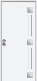 Puerta de seguridad con incrustaciones de acero inoxidable modelo Libra acabado blanco.