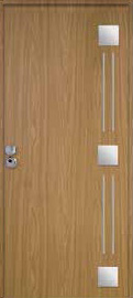 Puerta de seguridad con incrustaciones de acero inoxidable modelo Libra acabado roble.