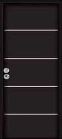 Puerta de seguridad con incrustaciones de acero inoxidable modelo Piscis acabado negro.