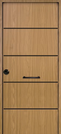 Puerta de seguridad con incrustaciones de acero inoxidable modelo Piscis acabado roble viejo.