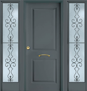 Puerta de seguridad modelo Recto acabado gris con fijos laterales de forja caracol.