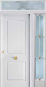 Puerta de seguridad modelo Recto acabado blanco con fijo lateral derecho de barrotes, y fijo superior sin barrotes.