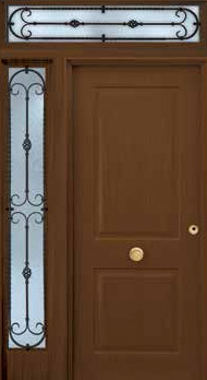 Puerta de seguridad modelo Recto acabado roble viejo con fijo lateral izquierdo, y fijo superior de forja piña.