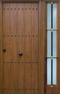 Puerta de seguridad modelo Rútisco acabado roble viejo con fijo lateral derecho, de barrotes.