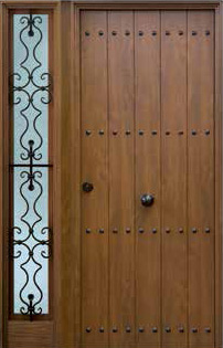 Puerta de seguridad modelo Rútisco acabado roble viejo con fijo lateral izquierdo, de forja caracol.