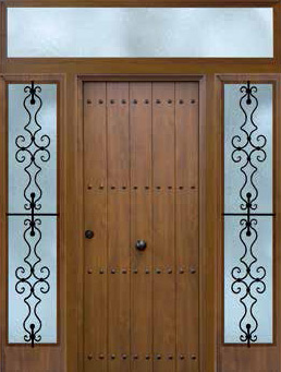Puerta de seguridad modelo Rútisco acabado roble viejo con fijo lateral a ambos lados de forja caracol, y fijo superior sin forja.