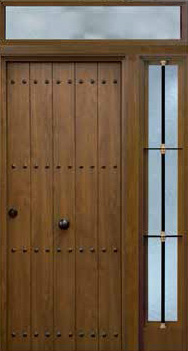Puerta de seguridad modelo Rútisco acabado roble viejo con fijo lateral derecho de barrotes, y fijo superior sin barrotes.