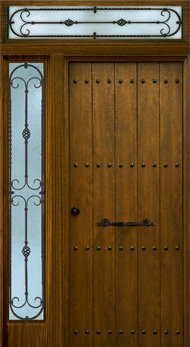 Puerta de seguridad modelo Rútisco acabado roble viejo con fijo lateral izquierdo, y fijo superior de forja piña.