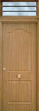 Puerta de seguridad modelo Semiprovenzal acabado roble con fijo superior de barrotes.