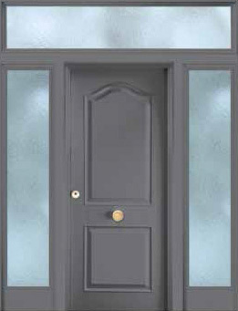 Puerta de seguridad modelo Semiprovenzal acabado gris con fijo lateral a ambos lados, y fijo superior sin barrotes.