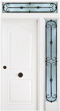 Puerta de seguridad modelo Semiprovenzal acabado blanco con fijo lateral derecho, y fijo superior forja piña.