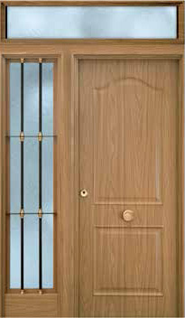 Puerta de seguridad modelo Semiprovenzal acabado roble con fijo lateral izquierdo, y fijo superior sin barrotes.